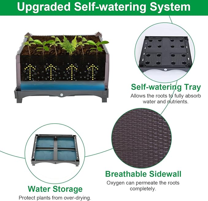 Raised Garden Bed 12x12x14 Rattan Pattern Garden Bed Plastic Planter Garden Boxes Outdoor with Self-Watering System for Flowers Vegetables Herbs for Garden Patio Balcony