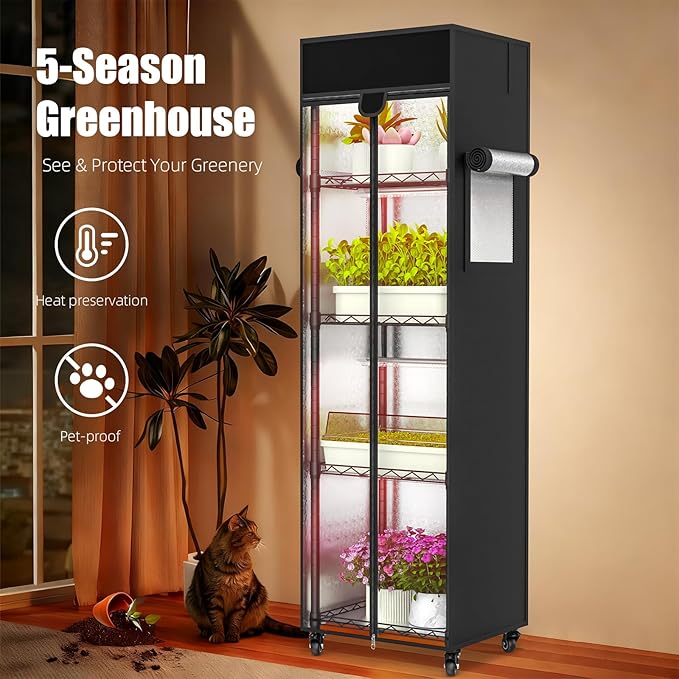 Indoor Greenhouse with Grow Light 5 Tier 15.7 L×11.8 W×62.3 H growtent with Lights with 48W Full Spectrum Growing LampsMetal Indoor Plant Enclosure for Seed Starting