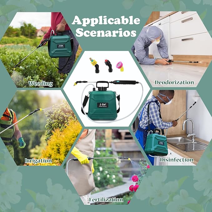 Battery Powered Sprayer 2 Gallon Powerful Electric Garden Sprayer with 3 Mist Nozzles USB Rechargeable Handle Retractable Wand and Adjustable Shoulder Strap for Irrigation Weeding(Green)