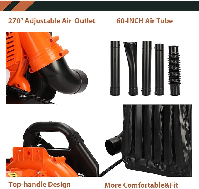 Backpack Leaf Blower 665 CFM Leaf Blower Gas Blower Electric Gas Leaf Blower for Lawn Care 1.7L Fuel Tank Leaf Blower 2-Stroke Engine Multi-Purpose 63CC High Strength Snow Blower (Orange)
