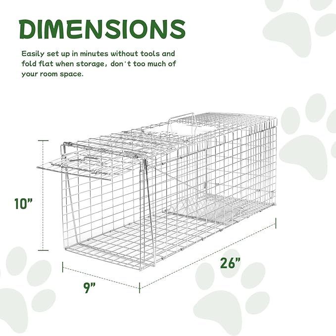 Animal Trap 26x10x9 Cage TrapHeavy Duty Folding Raccoon Traps Live Animal Cage TrapHumane Catch and Release Stray CatsSquirrelsRabbits