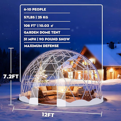 12FT Garden Dome Tent Geodesic Dome Greenhouse with PVC Clear Cover Waterproof Garden Bubble Dome Tent House with 2 x 10M Light Strings for Outdoor Patio Party (White Edge 12.5FT/3.8M)