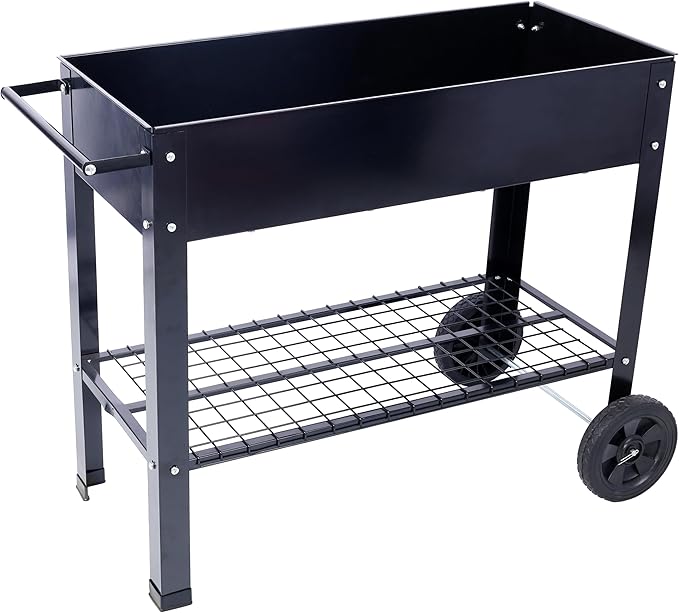 Products Elevated Mobile Raised Ergonomic Metal Planter Garden Bed for Backyard Patio wWheels Lower Shelf Black