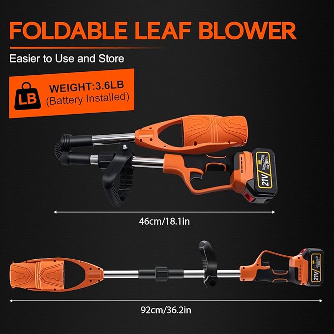 CHANGE MOORE 21V Cordless Leaf Blower with Battery and Charger Foldable 550W Brushless Motor Handheld Electric Blowers 2X 3Ah Batteries Portable Leaf Blower for Lawn Care Garden Garage Orange