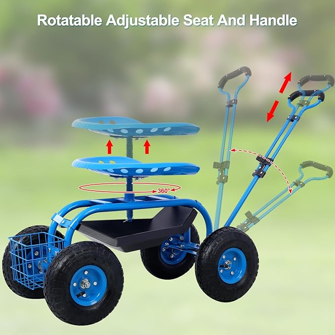 Donext Garden Cart Outdoor Rolling Garden with Wheels 360 Degree Swivel Seat Wagon Scooter with Steering Handle &amp Utility Tool Tray Blue