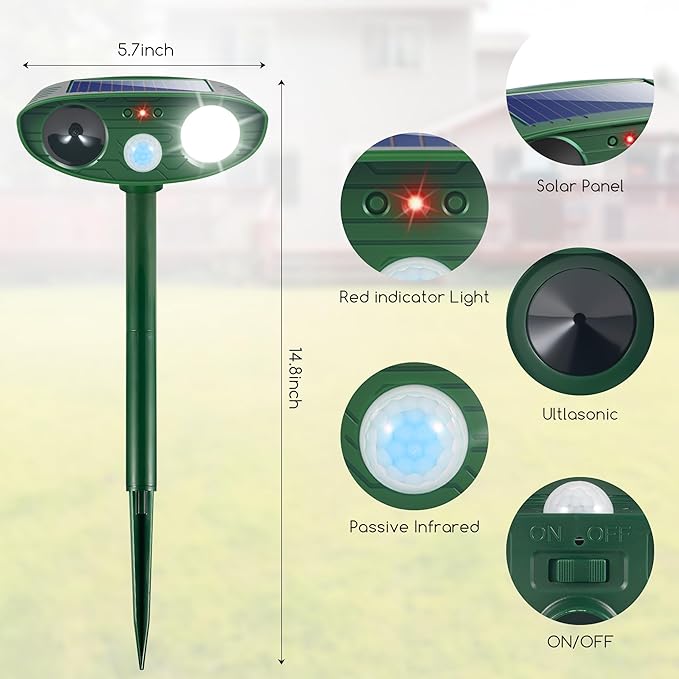 2026 Upgraded Cat Repellent Outdoor Ultrasonic with Strobe Light Deer Squirrel Skunk Repellent for YardMotion Activated Animal Deterrent Devices- Keep Dogs Raccoons Rabbits Away from Garden Farm