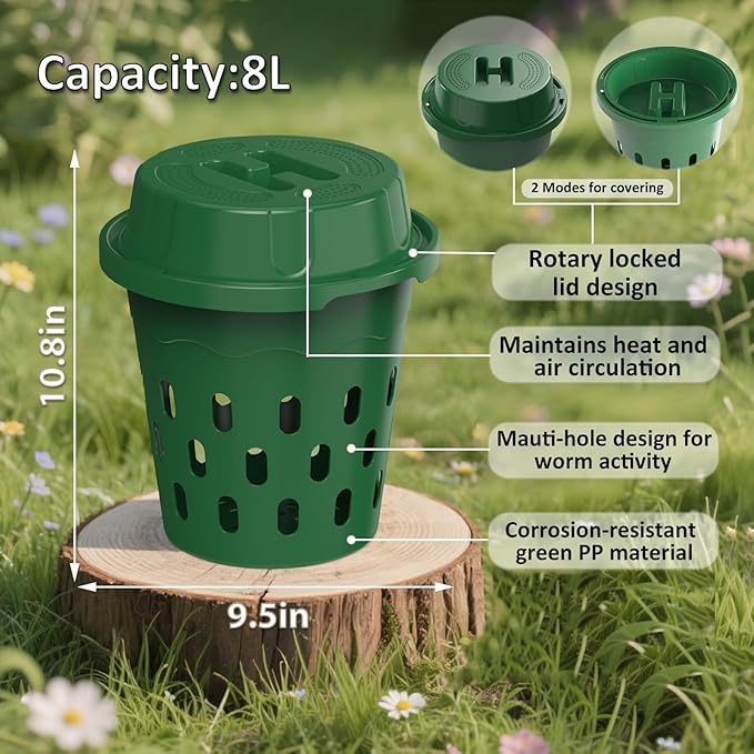 2-Pack InGround Compost Bin for Garden Beds 8L Worm Composter Farm for Faster Composting Worm Composter Kit with Aeration Animal-Proof Lid for Beginners (9.5x9.5x10.8Inch) (2 Green)