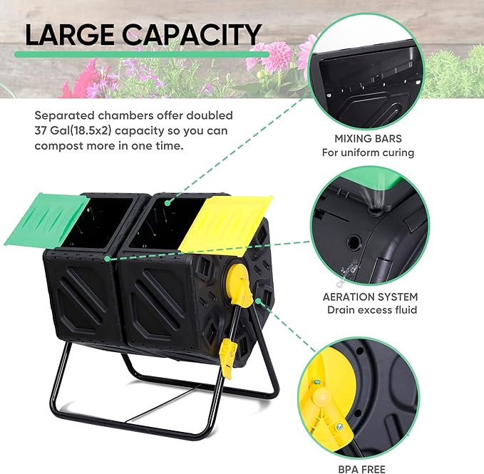 Compost Bin Tumbling Composter Rotating w/ 2 Sliding Doors Compost Bin Dual Chamber All Season Heavy Duty Outdoor Gardening Composting Tumblers Garden Yard (37 Gallon Black)