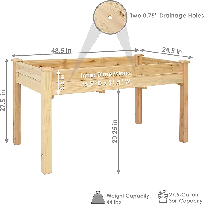 Sunnydaze 48.5-Inch Wood Raised Garden Bed - Outdoor Rectangular Elevated Planter Box with 2 Drainage Holes