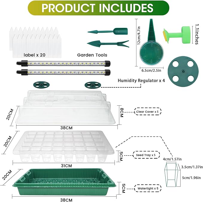 MQUPIN 80-Cell Seed Starter Tray with Grow Light 2-Pack Adjustable Brightness Seed Starter Kit with Humidity DomeSmart TimerWatering SprayerSeederPlant Germination Kit for Seeds Growing