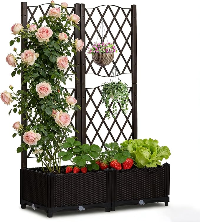 Raised Garden Bed with Trellis Outdoor Free-Standing Trellis Planter Box with Drainage Holes Privacy Planter for Patio Above Ground Elevated Garden Bed for Outdoor Climbing Plants Vines (Brown)