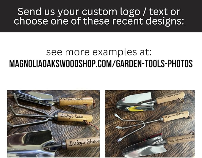 Personalized Garden Tools Gift Set for Gardeners - Custom Gardening Wooden Shovel Trowel &amp Rake with Bag