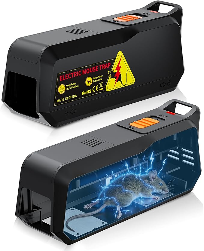 2 Pack Electric Mouse Trap Zapper with Powerful Voltage Effective Electronic Mouse Traps Indoor for Home No-Touch Disposal Reusable Mice Catcher for Kitchen Living Room and More (Black)