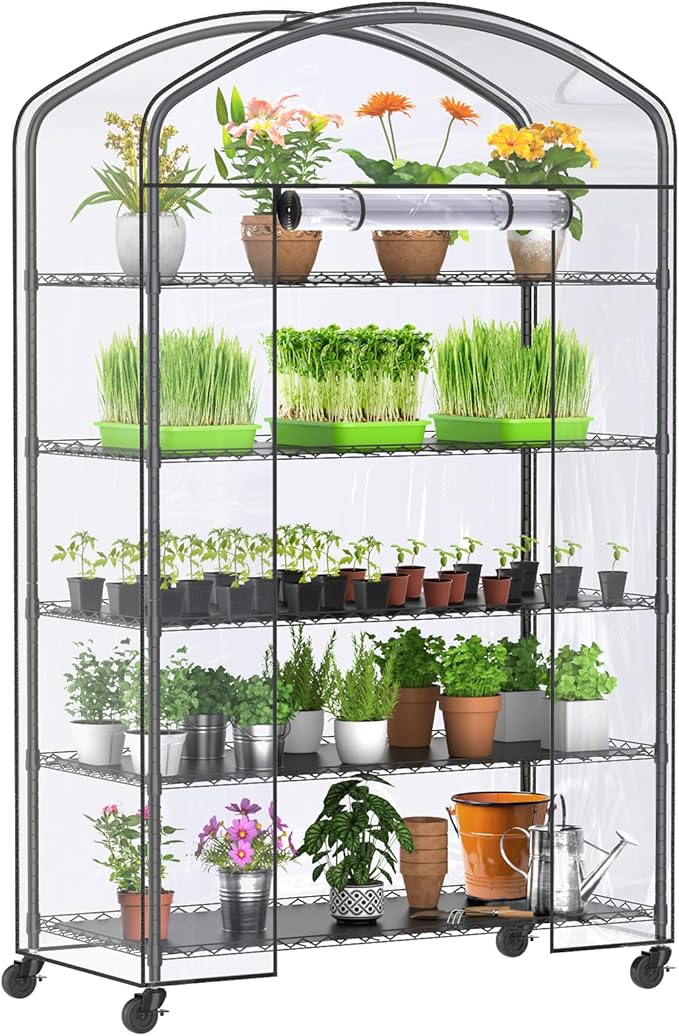 Abimars 5-Tier Greenhouse with Caster Wheel Each Shelf Height Adjustable Metal Plant Shelf with PVC Cover for Seed Starting Trays Seedling Pots Plant Pots 21x49x80inch
