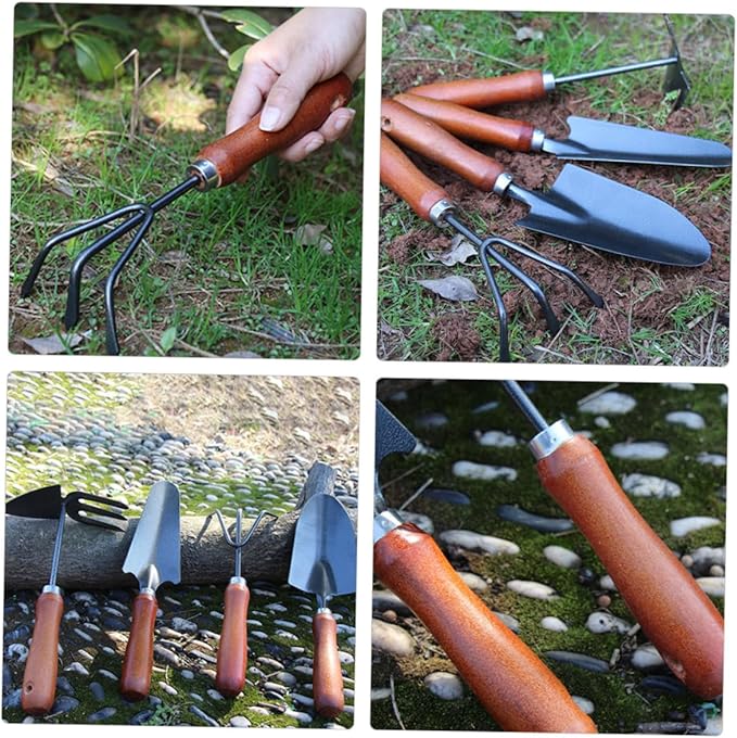 GANAZONO Garden Tool Set 4pcs Hand Trowel and Spade Shovel for Gardening Mini Narrow Shovel with Extended Handle Dual-use Cultivator and Rake Soil Scoop for Planting and Potting