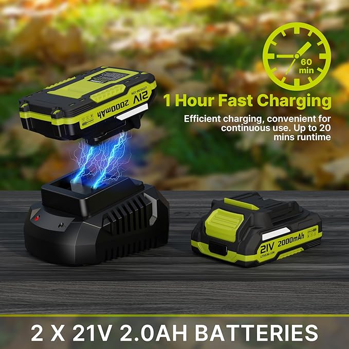 Leaf Blower 21V Cordless Electric Blower with 2 2.0Ah Batteries and 1 Hour Fast Charger Lightweight Leaf Blower for Patio Cleaning Lawn Care Blowing Fallen Leaves and Dust etc.