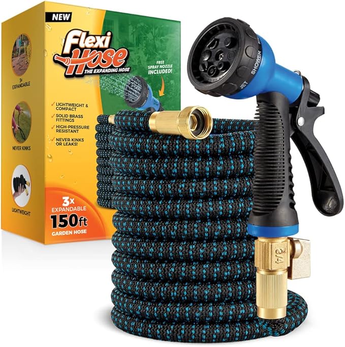 Flexi Hose Expandable Garden Hose with 8 Function Nozzle 150FT - Lightweight Retractable Garden Hose Water Hose - No-Kink Flexibility 3/4 Inch Solid Brass Fittings and Double Latex Core