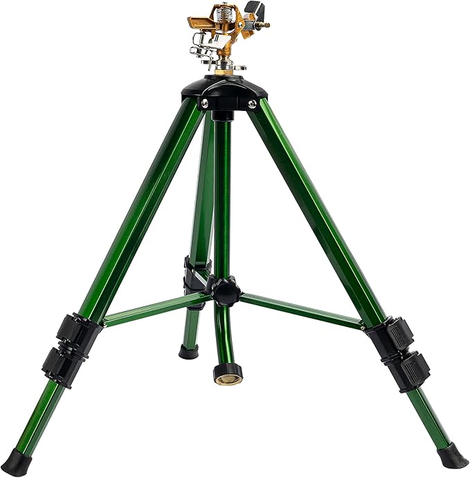 Hourleey Impact Sprinkler on Tripod Base Heavy Duty Brass Sprinklers for Yard Lawn Garden 0-360 Degree Large Area Coverage 3/4 Inch Connector Extension Legs Flip Locks with Brass Sprinkler Head