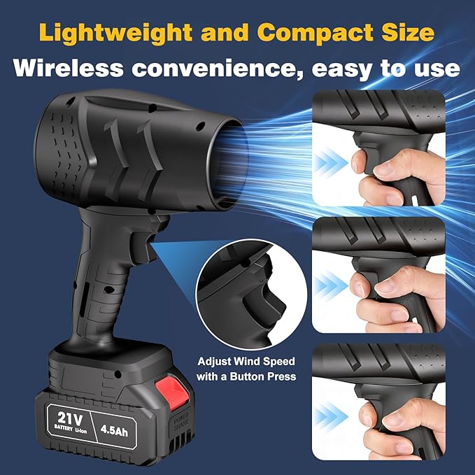 Electric Mini Leaf Blower Powered Handheld Blower Leaf Adjustable Wind Speed Cordless 21V Battery Blower with 2 Rechargeable Batteries and Charger Toolbox for Yard Leaf &amp Snow Removal(Black)