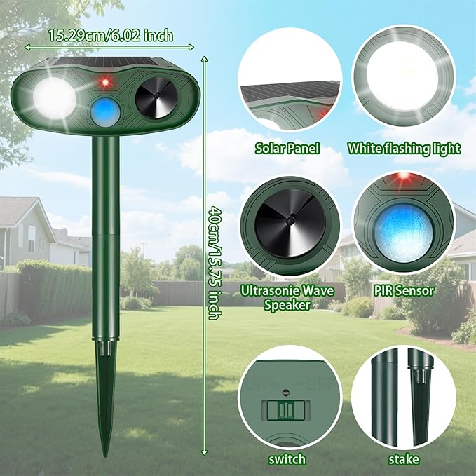 4Pack Ultrasonic Cat Repellent Outdoor Bear Repellent DevicesSolar Animal Repeller Motion Detection Rabbit Raccoon Squirrel Dog Squirrel Repellent Deterrent with LED Flash Lights for Yard