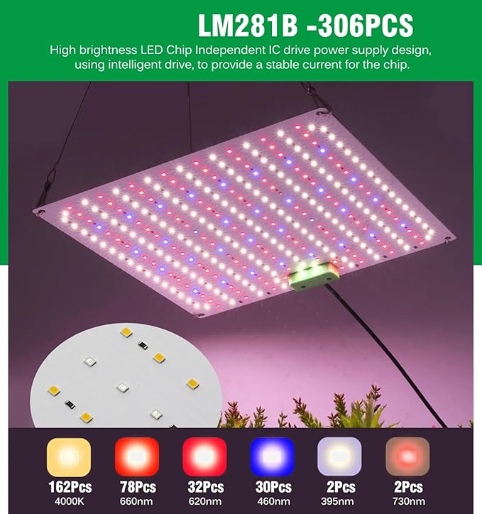 LED Grow Light Panel Lamp for Indoor Plants Full Spectrum with White Blue Red IR LEDs for 4x4ft Coverage Grow Tent Greenhouse Veg and Bloom Seedlings Hydroponics1PCS