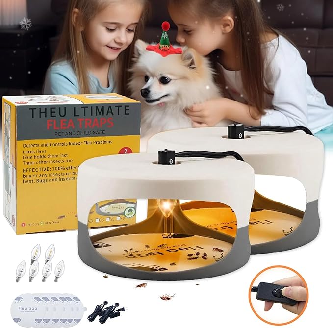 Flea Traps for Inside Your Home 2 Packs Flea Trap Indoor Pest Control Trapper Insect Killer with Light Sticky Bed Bug Natural with 6 Glue Disc Refills and 6 Lightbulbs