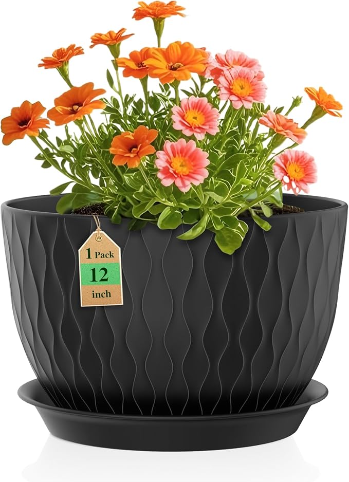 12 Inch Large Plant Pots for Indoor or Outdoor Plants Wide Water Ripples Flower Pots with Drainage Holes &amp Saucer Plastic Planters Set for Garden &amp Home Decor (Black)