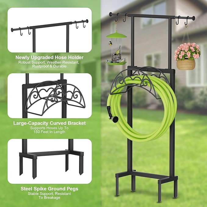 Garden Hose Holder with Telescopic Pole Upgraded Heavy Duty Hose Stand Holds 150ft with 4 Spikes Freestanding Metal Hose Storage and Hanger for Outside Yard Lawn Farm Black