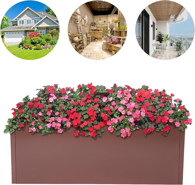 Metal Raised Garden Bed Modern Rectangular Planter Flower Box for Indoor Outdoor Balconies Gardens Decks Patios Decks Front Porches 38 * 15 * 15 in (Brown)