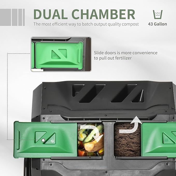 Compost Bin Outdoor 43 Gallon Dual Chamber Tumbling Composting with Sliding Doors Large Compost Tumbler Compost Bin for Garden Kitchen and Yard Waste Black+Green