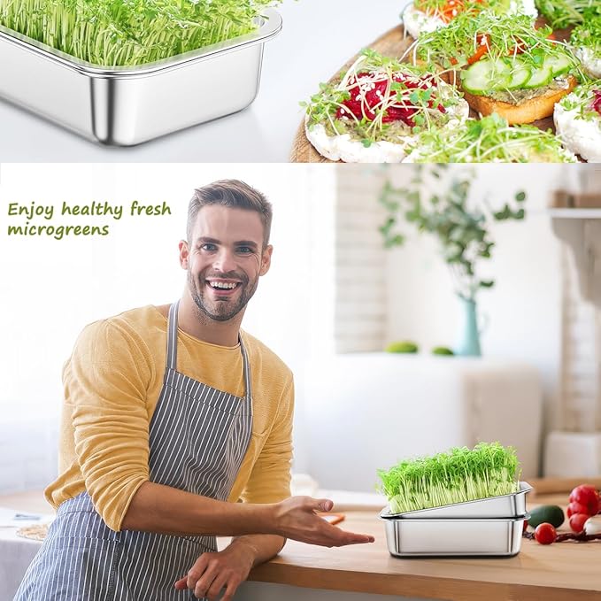 FANHAO 2-Pack Sprouting Tray Kit Stainless Steel Soil-Free Cultivation Germination Tray Healthy Wheatgrass Grower Sprouting Container Kit Nursery Tray for Indoors Plant Seedling