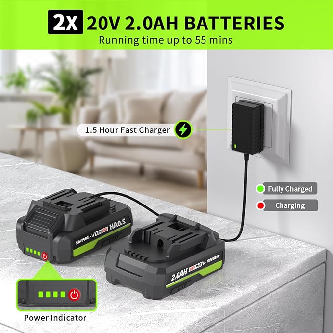 Leaf Blower Cordless 20V Electric Blower with 2 X 2.0Ah Batteries and Fast Charger 3 Speed Control Handheld Lightweight Leaf Blower for Lawn Care Patio Garden Cleaning etc