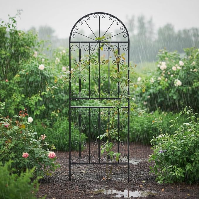 SCENDOR 1 Pack 82.7 H x 26.7 W Extra Tall Arched Metal Garden Trellis - Heavy-Duty Black Iron Scrollwork Fence for Climbing Vines Roses and Ivy - Decorative Privacy Screen for Patio and Backyard