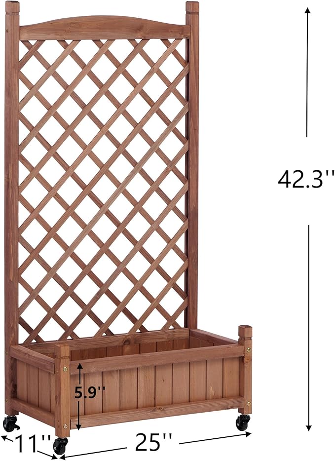 2-Pack Raised Garden Beds with Trellis &amp Wheels – Natural Wood Outdoor Planter Boxes with Climbing Racks Drainage Holes &amp Fixing Device – for Vegetables Flowers &amp Vines