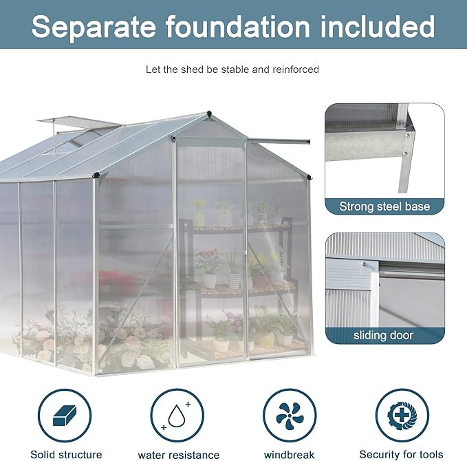 6x8 FT Greenhouses for Outdoors Heavy Duty Outside Walk in Green House for Garden Plants UV Protection Adjustable Roof Vent Thermostatic Waterproof and Insect Resistant Silver