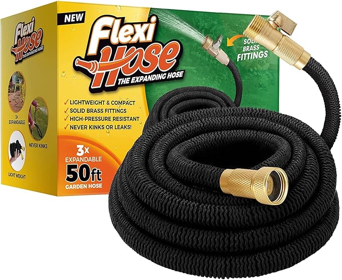 Flexi Hose Lightweight Expandable Garden Hose 50FT - Retractable Garden Hose Water Hose - No-Kink Flexibility 3/4 Inch Solid Brass Fittings and Double Latex Core