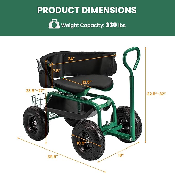Rolling Garden Cart Swivel Gardening Seats with Seat &amp Tool Storage Green