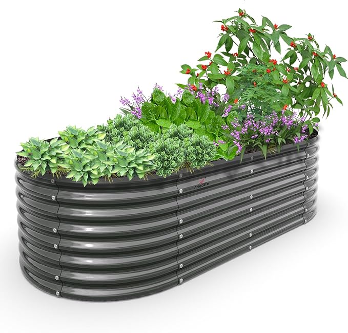 A ANLEOLIFE 8X4X2 ft Galvanized Raised Garden Beds Outdoor Oval Large Metal Deep Root Planter Box for Planting Vegetables Flowers Herb Anti-Rust &amp Easy-Setup Quartz Grey
