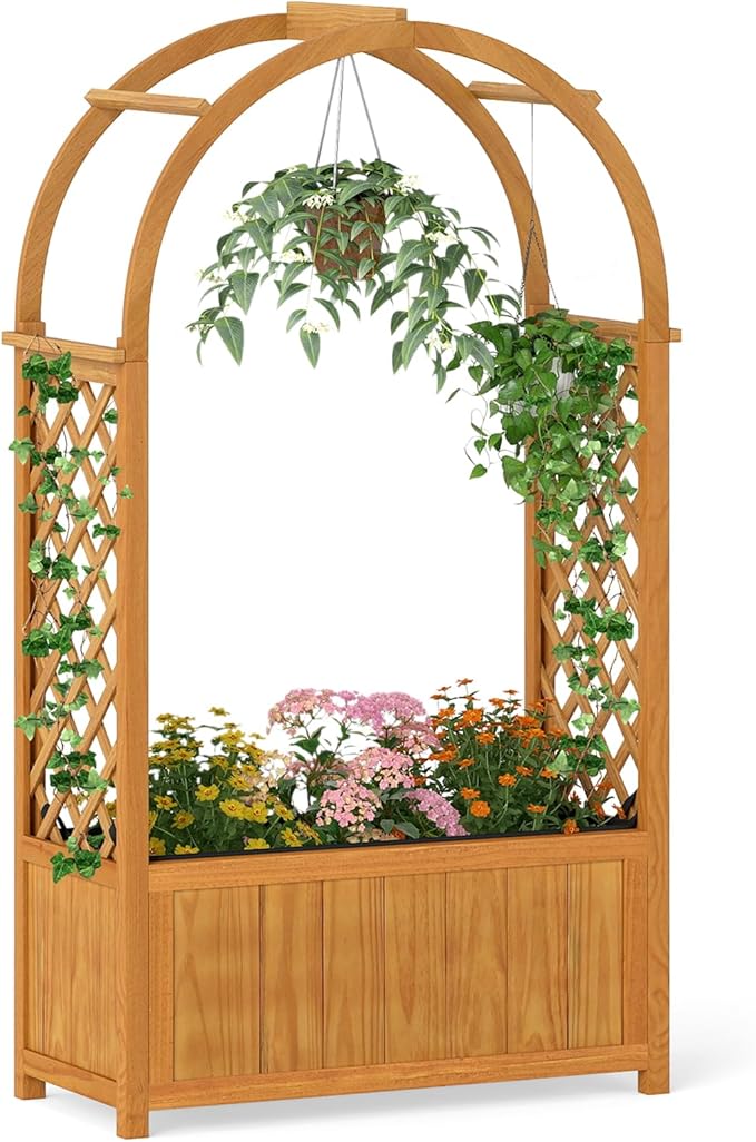 Giantex Raised Garden Bed with Arch Lattice Trellis for Climbing Vine Flower Vegetable Wood Planter Box with Liner &amp Drainage Design Outdoor Plant Container for Yard Balcony (33x15x57)