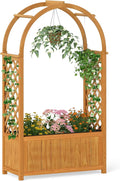 Giantex Raised Garden Bed with Arch Lattice Trellis for Climbing Vine Flower Vegetable Wood Planter Box with Liner &amp Drainage Design Outdoor Plant Container for Yard Balcony (33x15x57)
