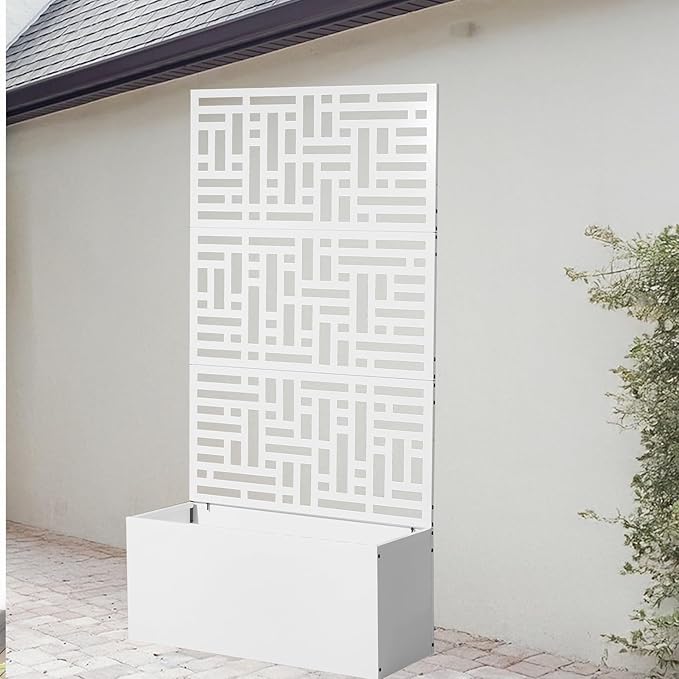 Metal Planter Box with Trellis70 Outdoor Raised Garden BedPrivacy Planters for Patio GardenPlanter Box with Drainage Holes for Climbing Plants (White)