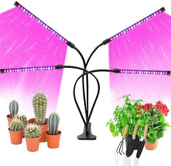 LED Grow Lights for Indoor Plants Plant Grow Lights Full Spectrum Auto ON Off with 3/9/12H Timer 9 Dimmable Lightness Clip-On Desk Grow Lamp Bulbs (Four Head)