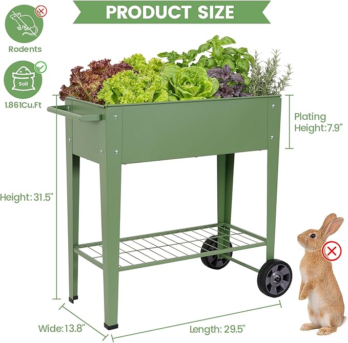 Tall Raised Garden Bed Outdoor with Wheels Metal Elevated Raised Planter Box with Drainage Holes for Vegetables Flower Herbs(Green)