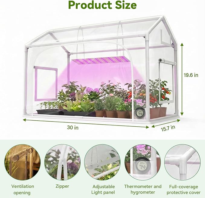 Mini Greenhouse with Grow Light &amp Timer &amp Hygrothermograph 30x16x20 Indoor/Outdoor Tabletop Greenhouse with 96 LEDs Dimmable Full-Spectrum Lights (3 Colors) for HouseplantsSeedlings Out