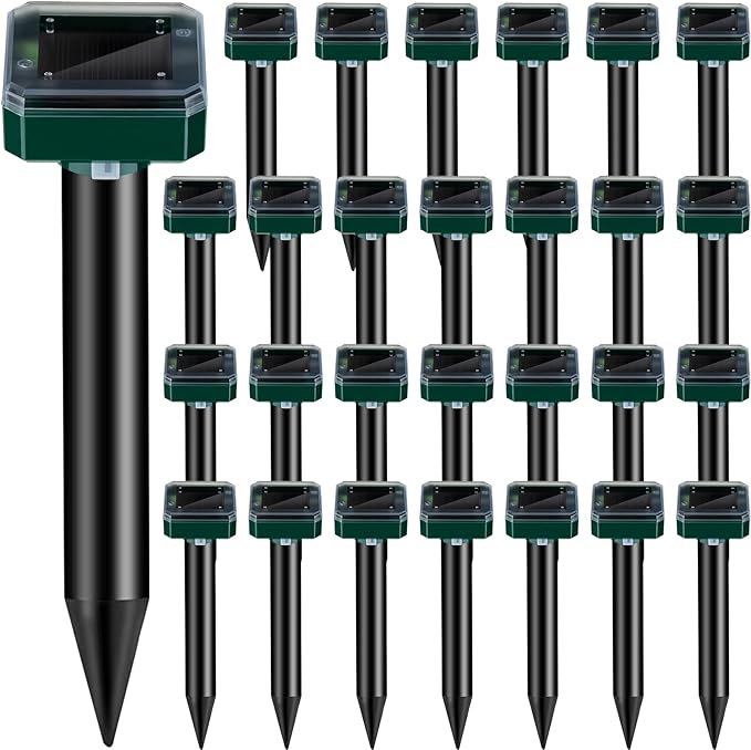 28 Pieces Solar Mole Repellent Ultrasonic Outdoor Gopher Deterrent Spikes for Garden Yard Lawn Waterproof Solar Powered Repeller for Groundhogs Voles Snakes and Other Burrowing Animals (Square)