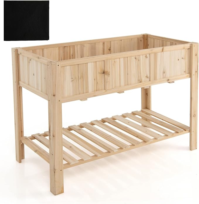 S AFSTAR 47x23x35in Raised Garden Bed Wooden Elevated Planter Box with Solid Legs Storage Shelf Planter Liner Outdoor Standing Planter Bed for Growing Vegetables Flowers Herbs Garden Yard Patio