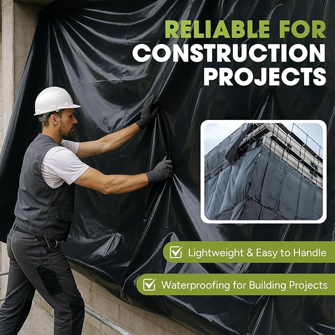 10 Mil Black Plastic Sheeting 5x100 FT – Heavy Duty Polyethylene Plastic Rolls for Garden Black Plastic Rolls for Crawl Space Vapor Barrier Construction Landscaping Weed and Moisture Control