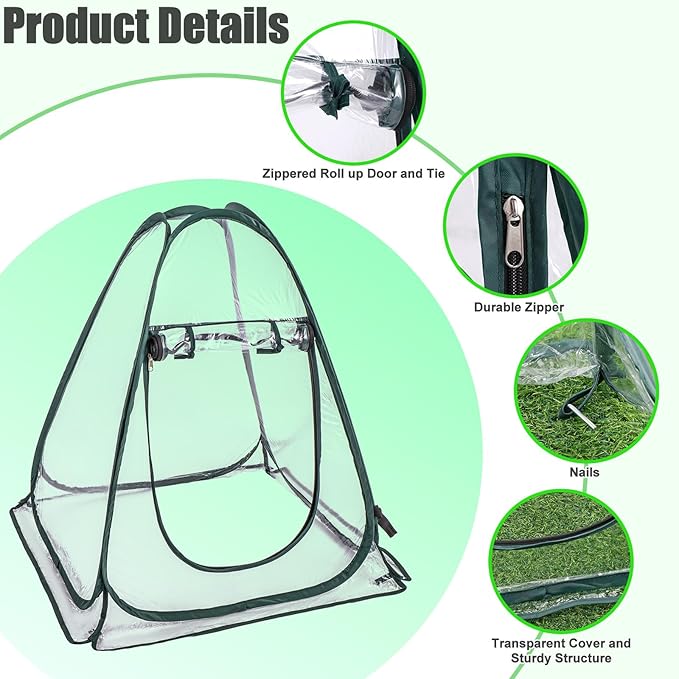 2 Pack Pop Up Greenhouse Plant Tent with 8 Ground Nails &amp 2 Carry Bags Roll-Up Door Easy Folding for Storage Creates Warmth for Plants Protection from Cold for Backyard (27.5 x 27.5 x 31.5