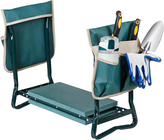 Smartxchoices 8 Wide Garden Kneeler Seat Folding Garden Bench Stool with Two Tool Multi-use Pouches Heavy Duty Yard Gardening Chair with Soft Kneeling Pad Green