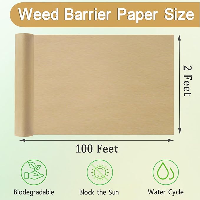 2 x 100 Feet Biodegradable Paper Weed Barrier Biodegradable Landscape Fabric Garden Bed Grass Control Barrier Weed Blocker Paper for Garden Outdoor Lawn (2 x 100 ft)